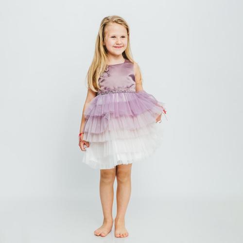 Детска официална рокля с тюл и камъни Лилава