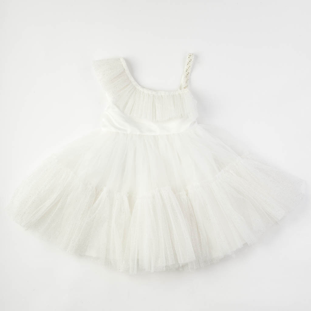 Детска официална рокля с тюл и брокат Бял