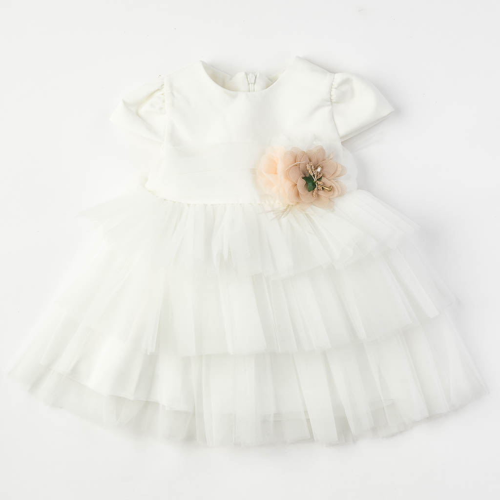 Бебешка официална рокля с тюл с къс ръкав Бяла