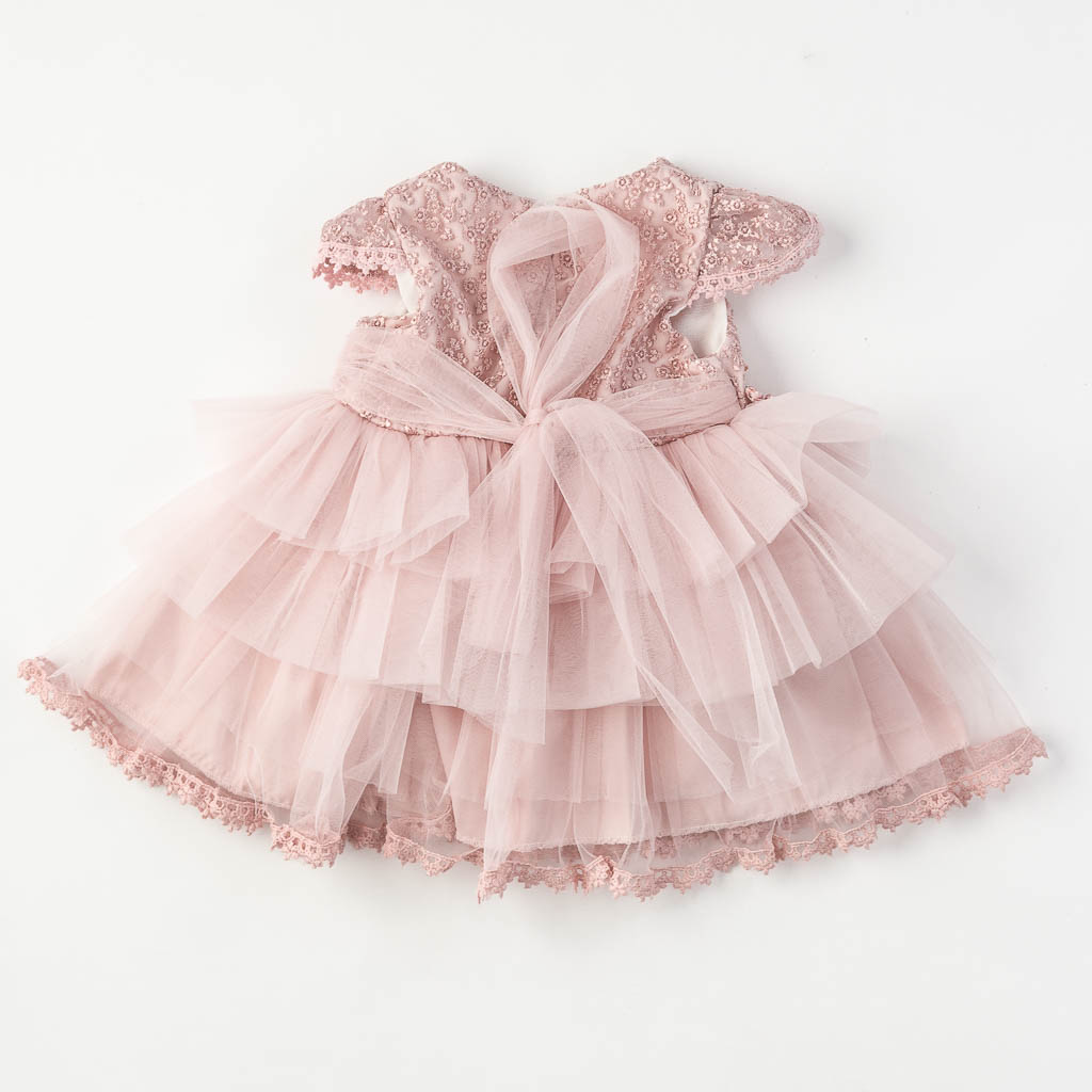 Бебешка официална рокля с тюл и камъни Розова