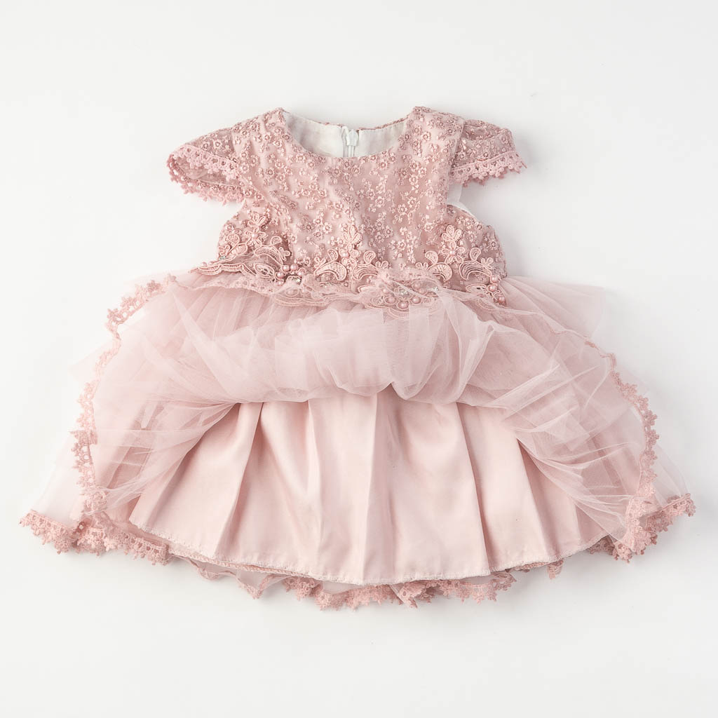 Бебешка официална рокля с тюл и камъни Розова