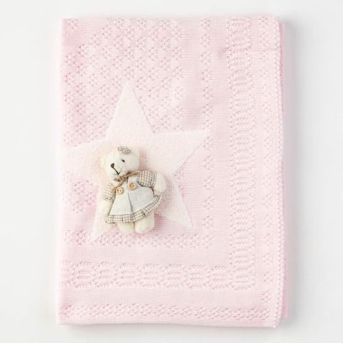 Бебешка пелена одеялце с играчка мече 90x80. Pink star Розова