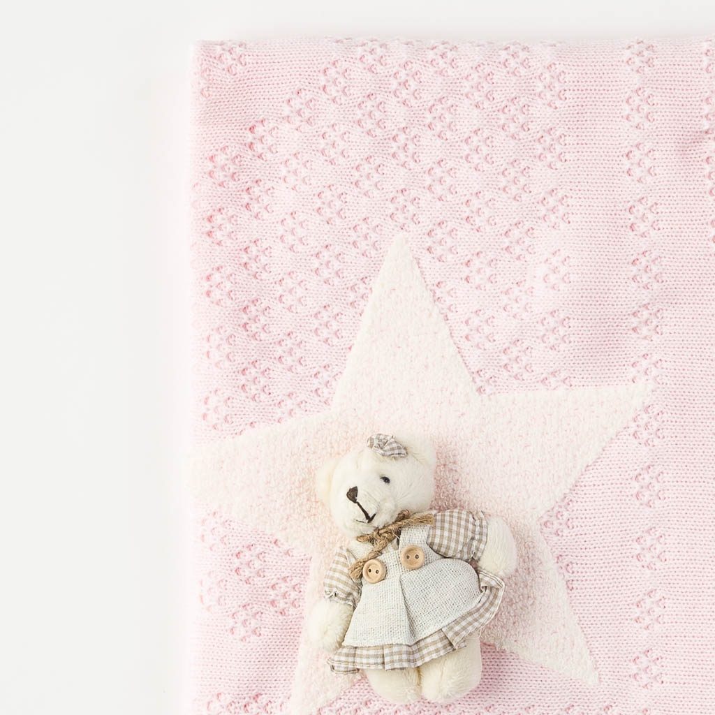 Παιδικη κουβερτα κουβερτακι με παιχνιδι αρκουδακι  90x80.   Pink star  Ροζε