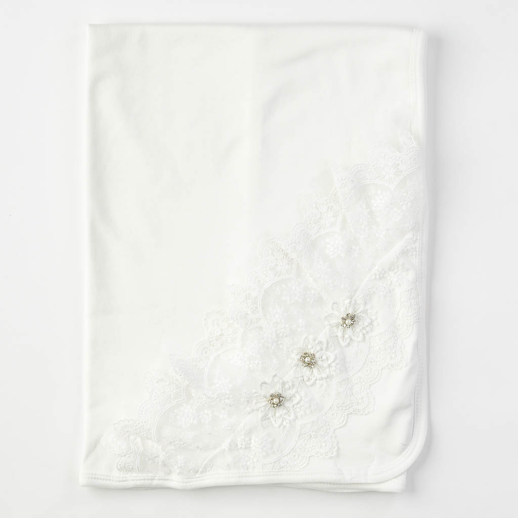 Бебешка пелена одеялце с дантела Tafyy 80x80. Бяла