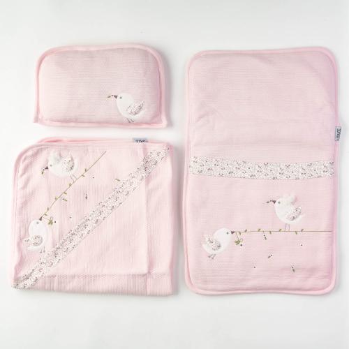 Бебешки комплект за количка за момиче пелена възглавничка и матраче Bird Розов