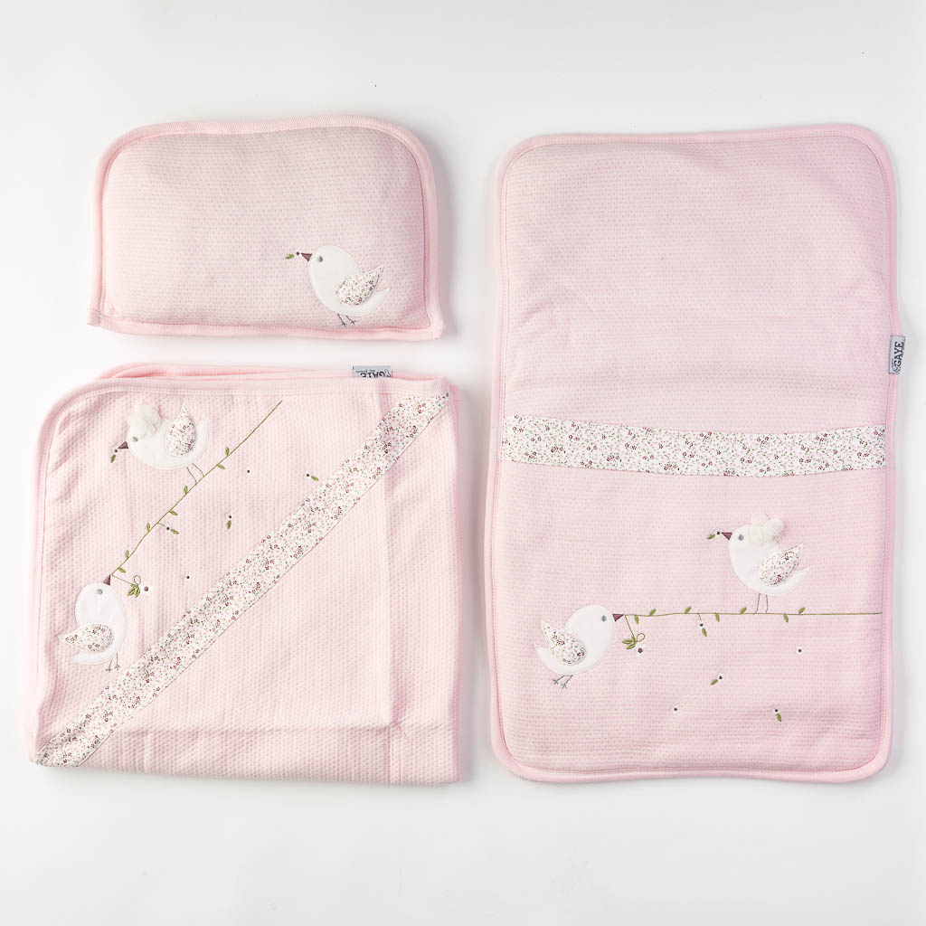 Бебешки комплект за количка за момиче пелена възглавничка и матраче Bird Розов