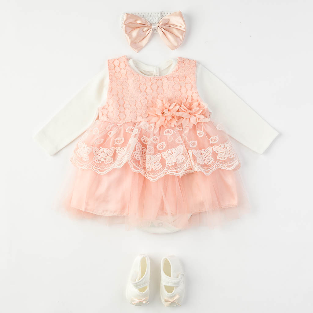 Комплект за изписване Petite Ponoin Baby с рокля и обувчици 4 части Праскова