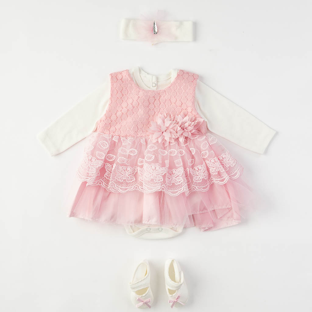 Βρεφικο σετ  Petite Ponoin Baby  με φορεμα και παπουτσακια 4 τεμαχια Ροζ