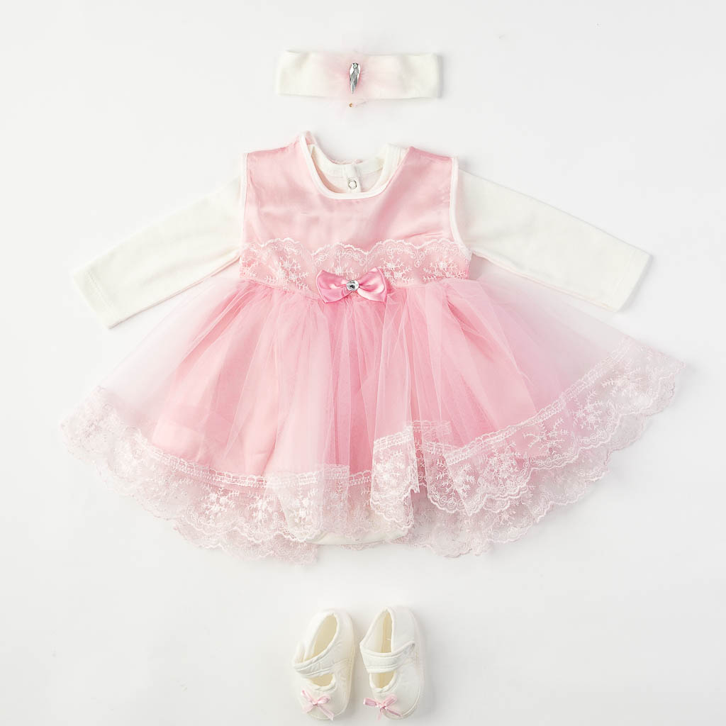 Βρεφικο σετ Για Κορίτσι  Petite Ponoin Baby  με φορεμα και παπουτσακια 4 τεμαχια Ροζ