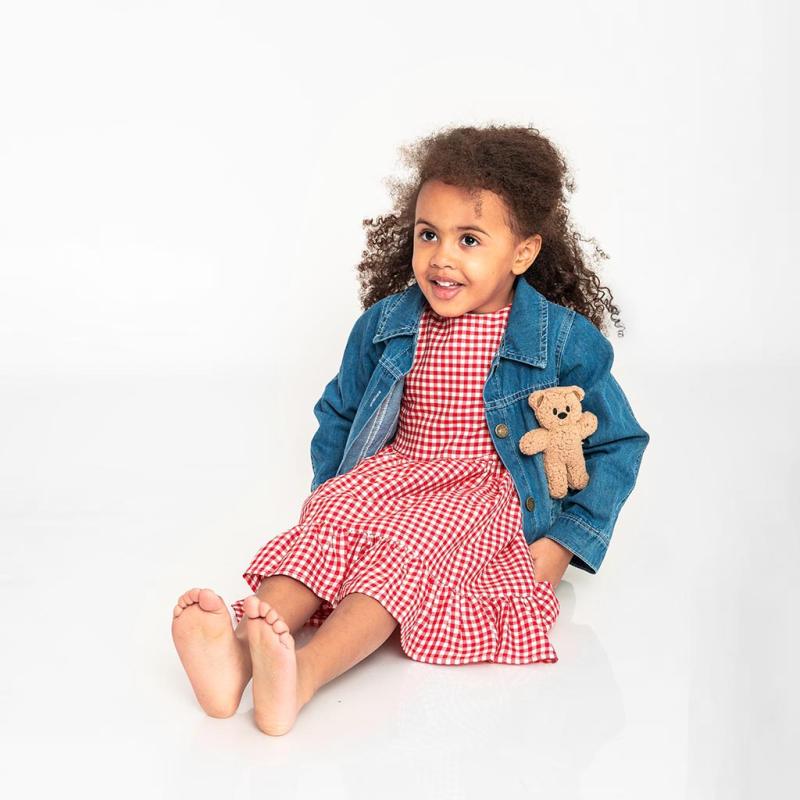 child dress with long sleeves with a denim jacket  Sweet bear  Red