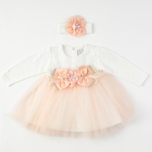Бебешка официална рокля с диадема и тюл Pearl Bulsen baby - Праскова