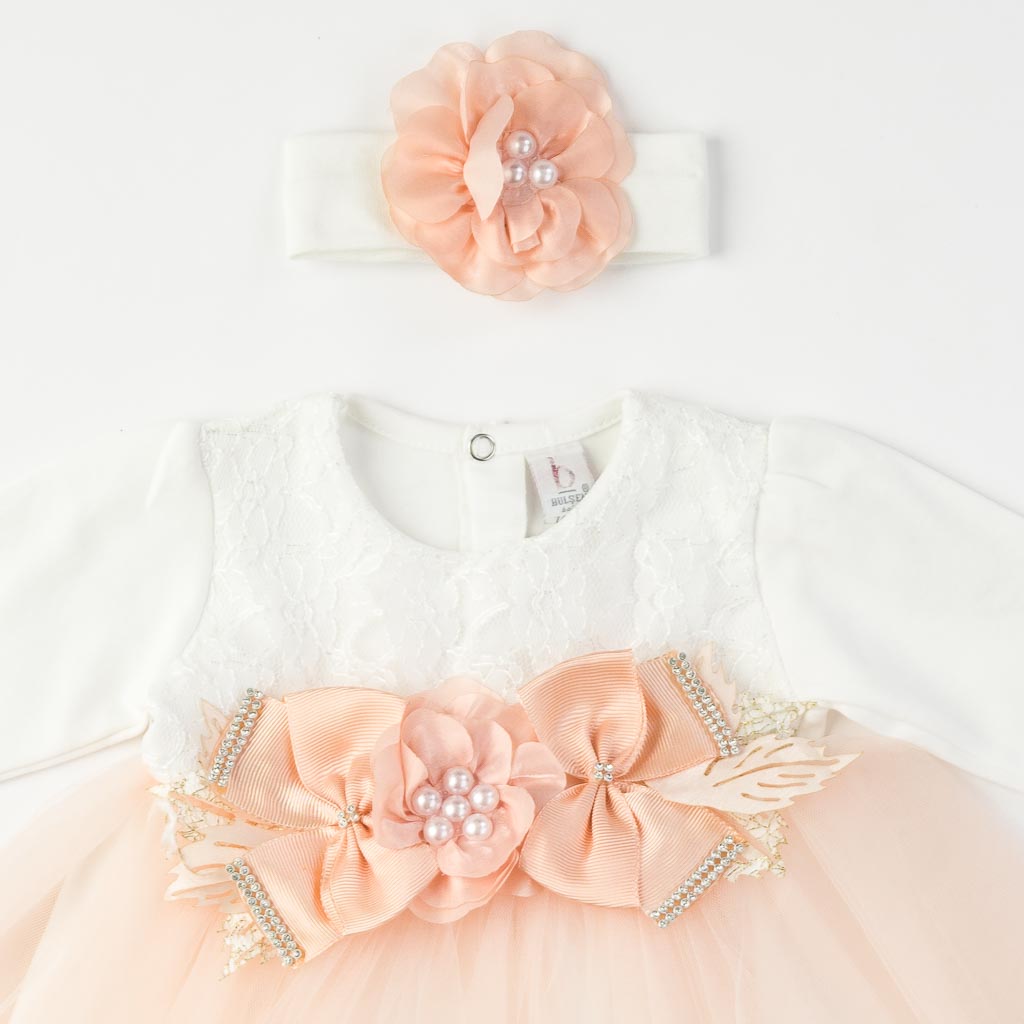 Βρεφικο επισημο φορεμα με μια τιάρα με τουλι  Pearl Bulsen baby   -  Ροδακινι