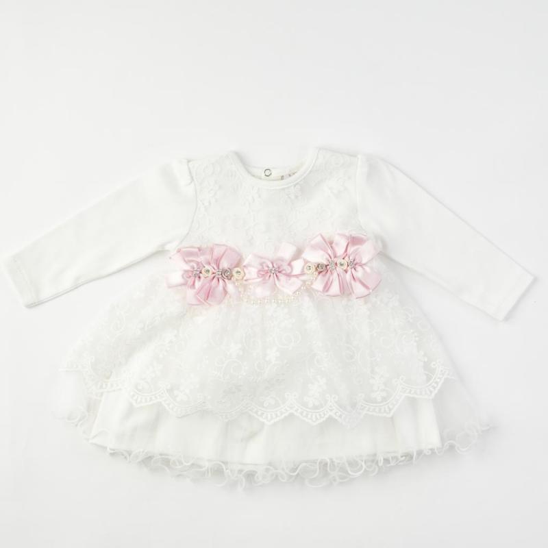 Baby formal dress with lace  Bulsen Pink ribbon  White