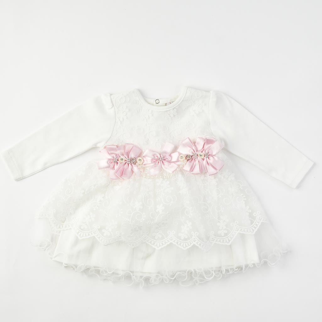 Бебешка официална рокля с дантела Bulsen Pink ribbon Бяла