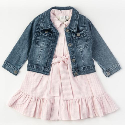 Παιδικο φορεμα με μακρυ μανικι με τζιν μπουφαν  Premium  Ροζε