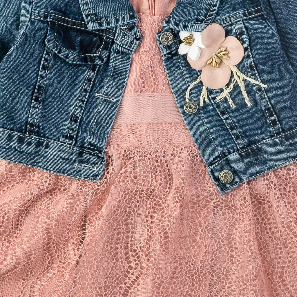 Παιδικο φορεμα με κοντο μανικι με τζιν μπουφαν  Noy noy  Ροζ