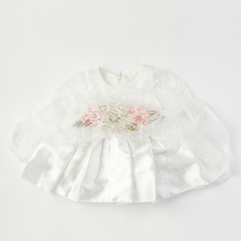 Бебешки комплект официална рокля с дантела с чорапогащник лента за коса и обувчици Amante Бял
