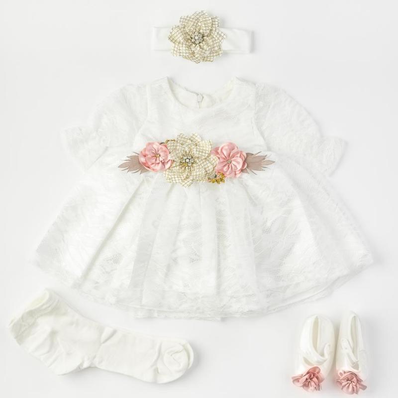 Бебешки комплект официална рокля с дантела с чорапогащник лента  коса и обувчици Amante Бял