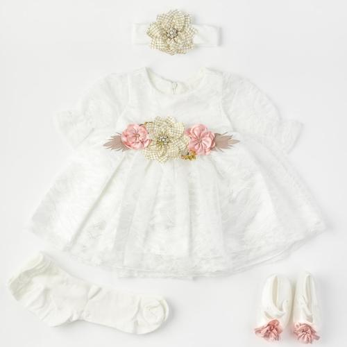 Бебешки комплект официална рокля с дантела с чорапогащник лента за коса и обувчици Amante Бял