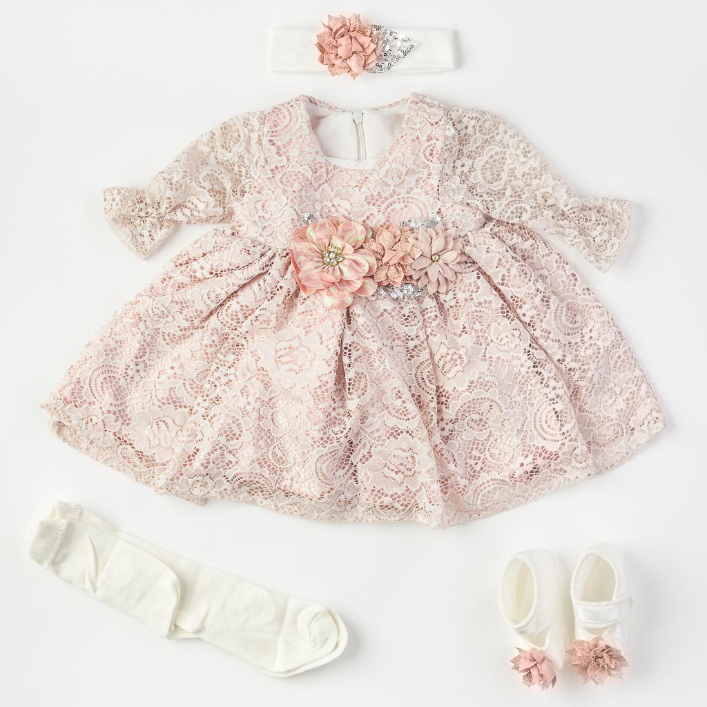 Бебешки комплект официална рокля с дантела с чорапогащник лента за коса и обувчици Amante Розов