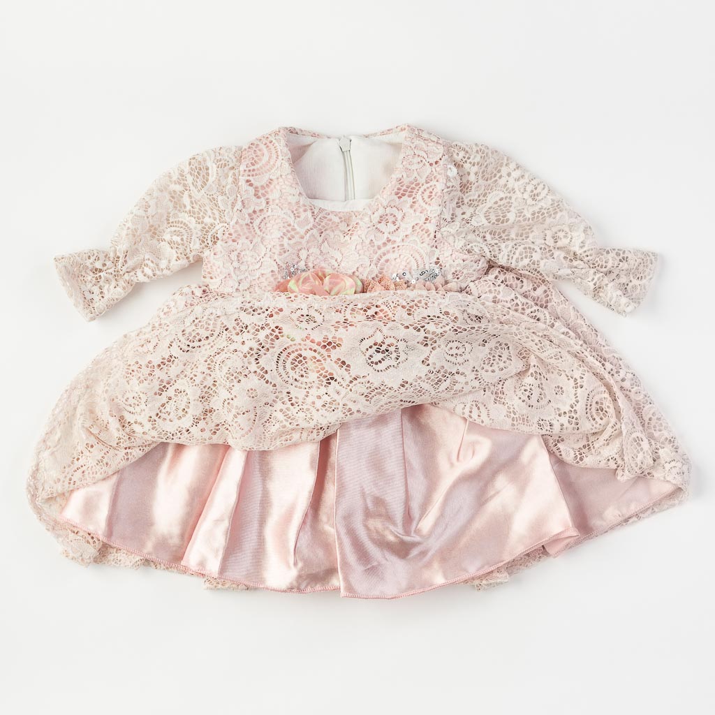 Бебешки комплект официална рокля с дантела с чорапогащник лента за коса и обувчици Amante Розов