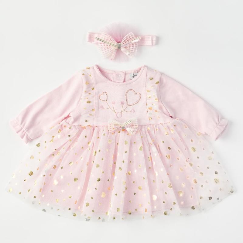 Бебешка рокля с тюл лента  коса Mini born Розова
