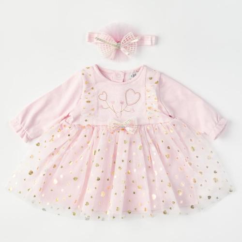 Бебешка рокля с тюл лента за коса Mini born Розова