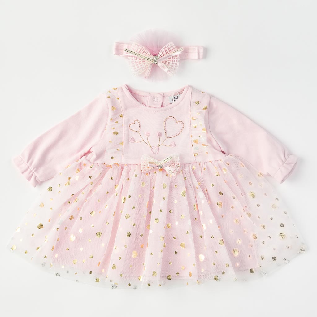 Бебешка рокля с тюл лента за коса Mini born Розова