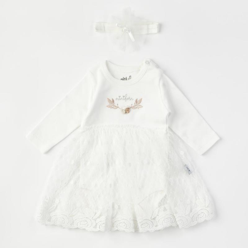 Бебешка рокля - боди с дълъг ръкав с лента  коса Miniborn Бяла