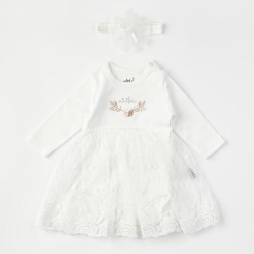 Бебешка рокля - боди с дълъг ръкав с лента за коса Miniborn Бяла
