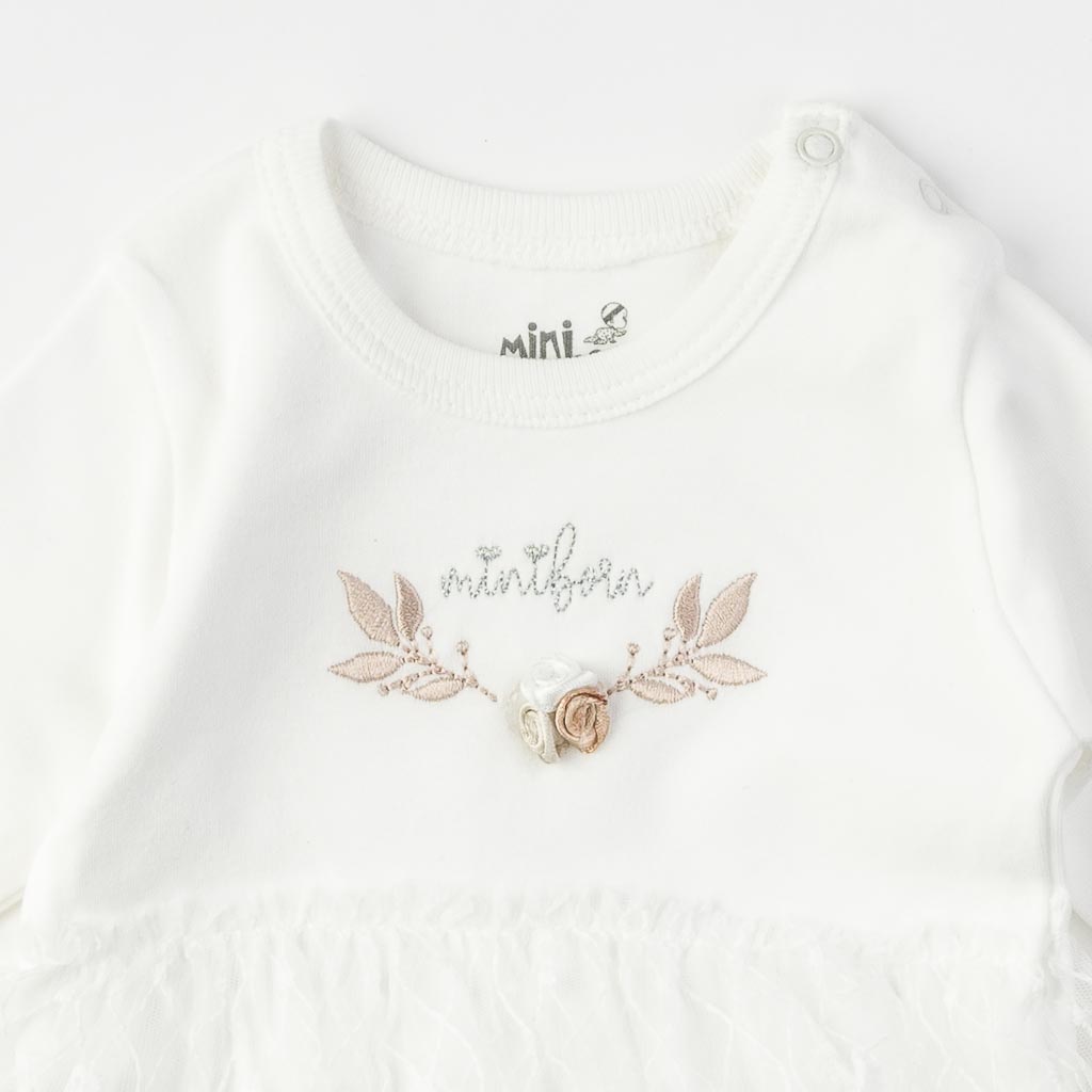 Бебешка рокля - боди  με μακρυ μανικι με κορδελα για τα μαλλια  Miniborn  ασπρα