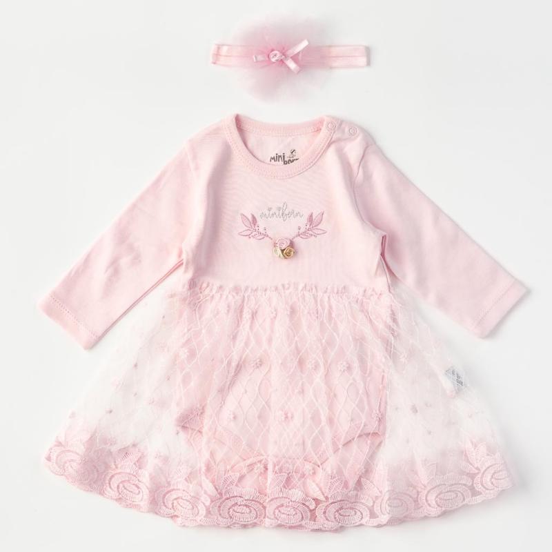 Бебешка рокля - боди  με μακρυ μανικι με κορδελα για τα μαλλια  Miniborn  Ροζε