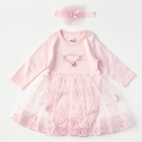 Бебешка рокля - боди с дълъг ръкав с лента за коса Miniborn Розова