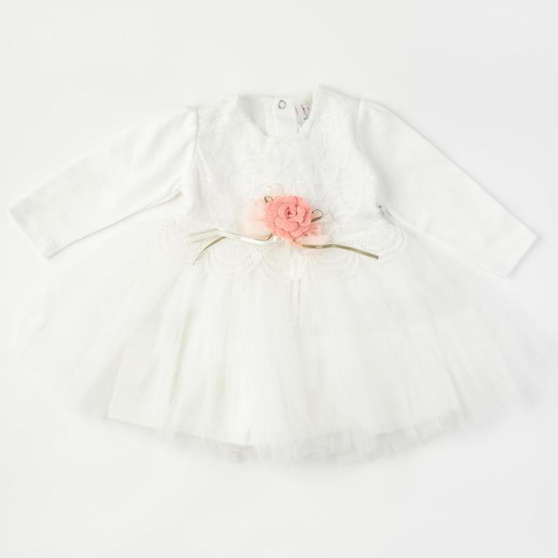 Бебешка официална рокля с дълъг ръкав и тюл Bulsen baby Rose girl - Бяла