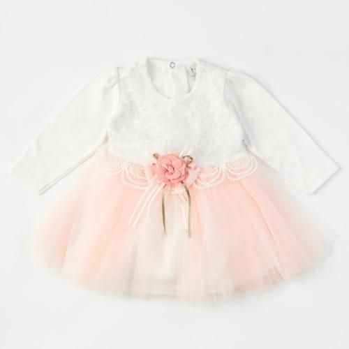 Βρεφικο επισημο φορεμα με μακρυ μανικι με τουλι  Bulsen baby Rose girl   -  Ροδακινι