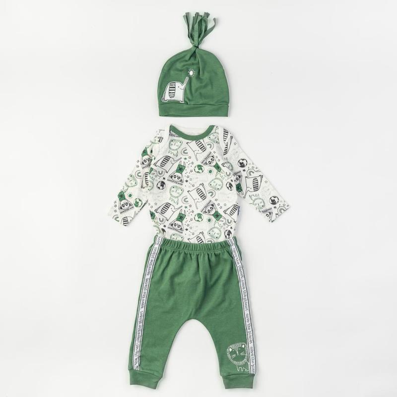 Бебешки комплект от 3 части  момче Miniworld Save the world с шапка Зелен