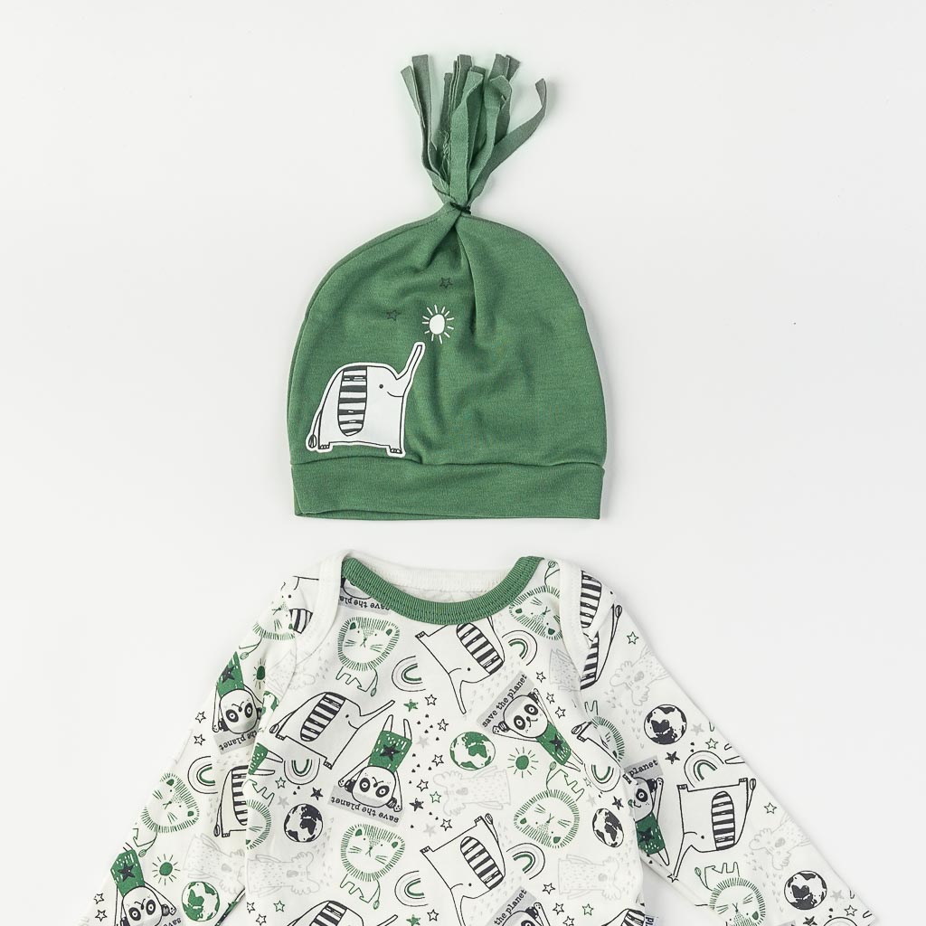 Бебешки комплект от 3 части за момче Miniworld Save the world с шапка Зелен