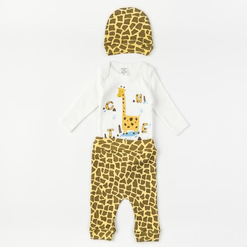 Бебешки комплект от 3 части  момче Giraffe с шапка Бял