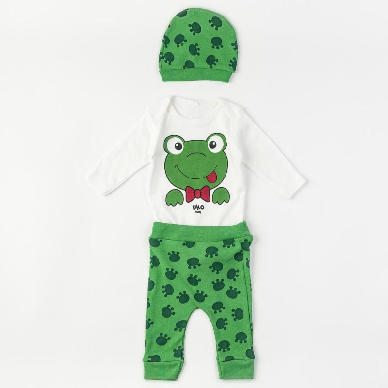 Бебешки комплект от 3 части  момче Frog с шапка Зелен