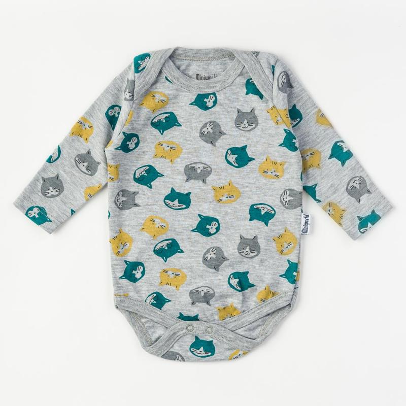 Baby bodysuit with long sleeves For a boy  Miniworld   Cat  Gray