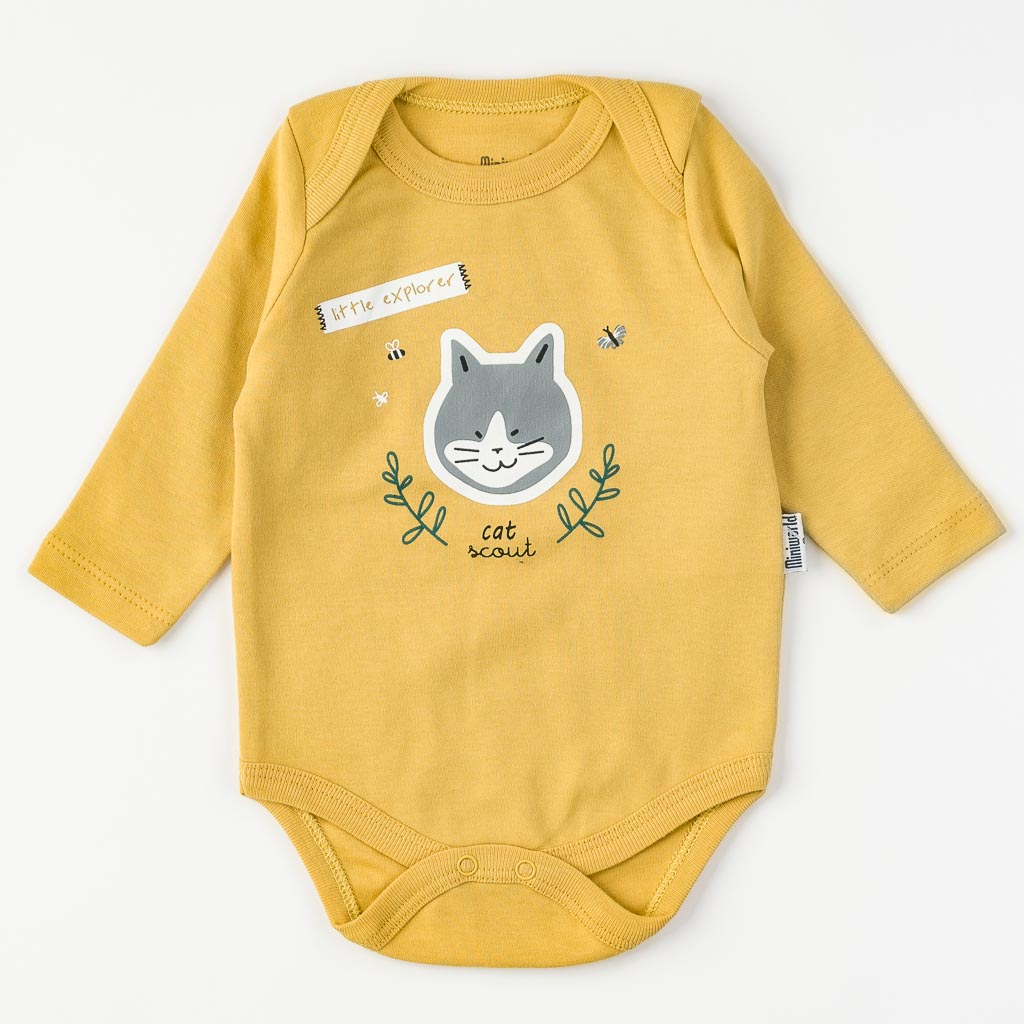 Бебешко боди с дълъг ръкав за момче Miniworld Cat Горчица