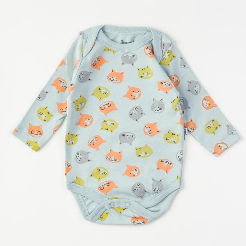 Baby bodysuit with long sleeves For a boy  Miniworld   Cat  Light blue