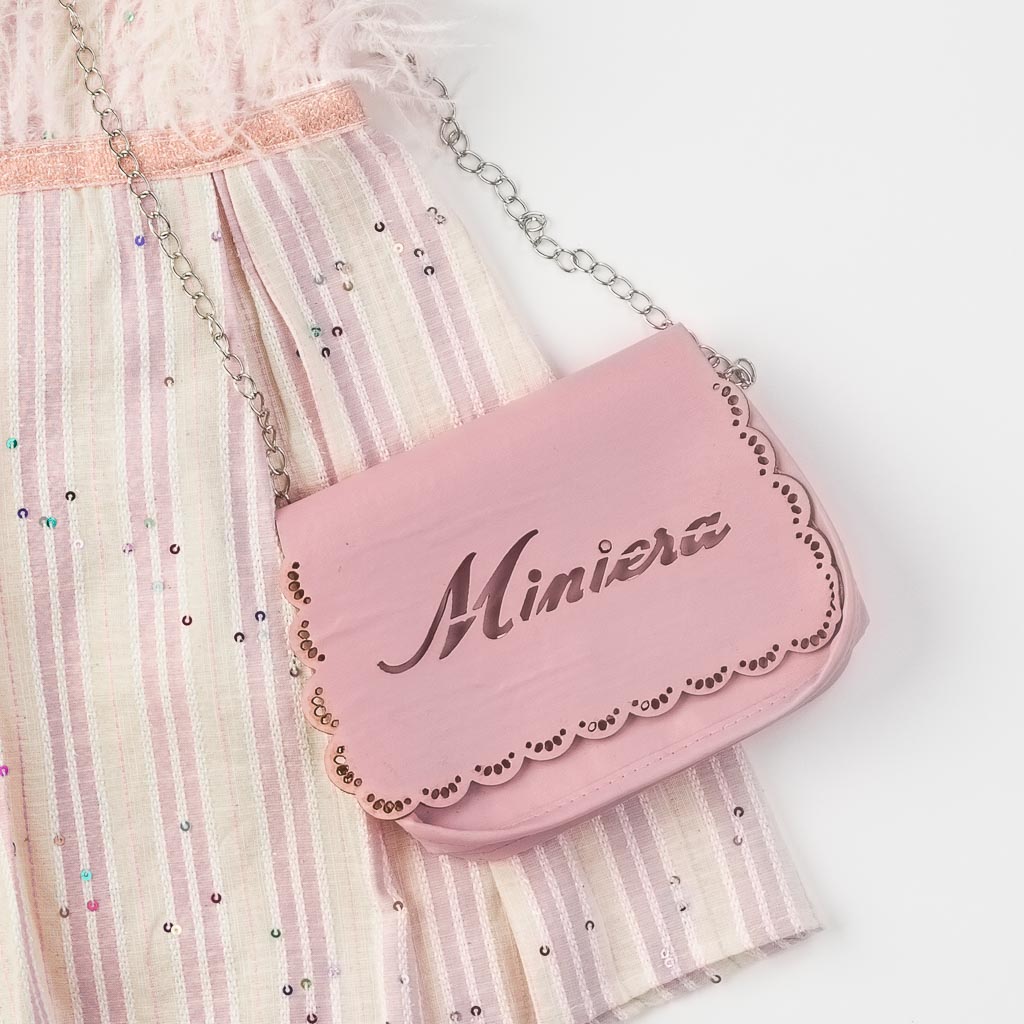 Детска официална рокля с пера и пайети с чантичка Mini Розова