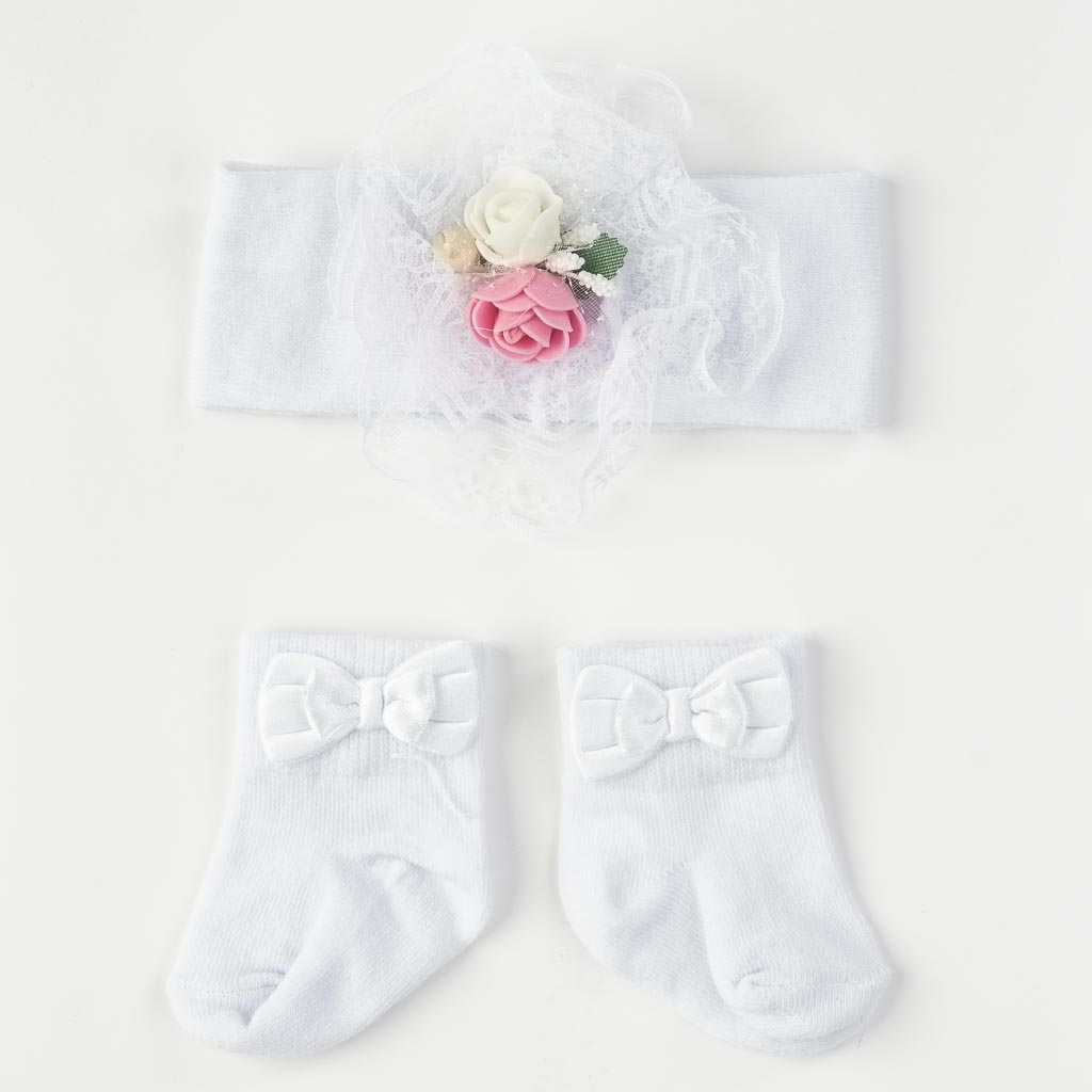 Комплект бебешки чорапки с лента за коса Findikibebe Бели