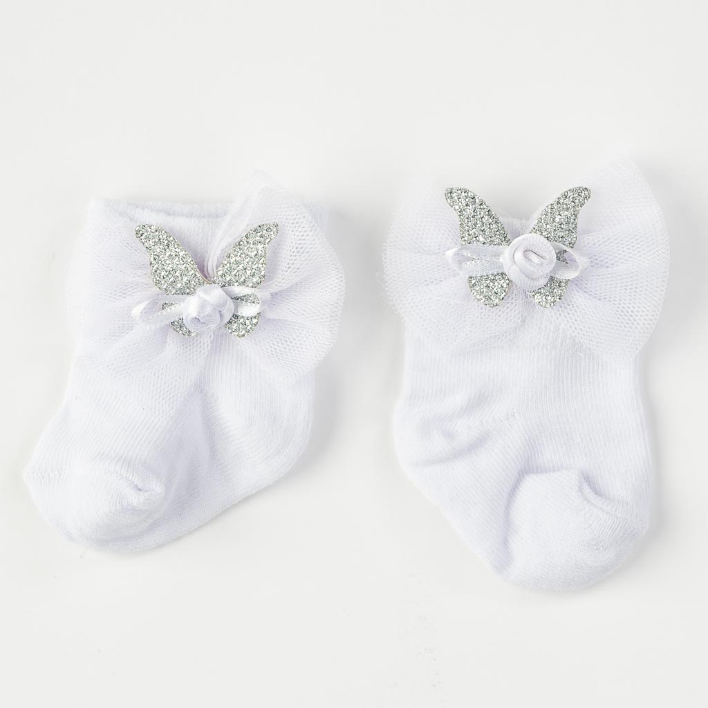 Σετ  2 броя   бебешки чорапки  με κορδελα για τα μαλλια  Damrela Butterfly  Άσπρα