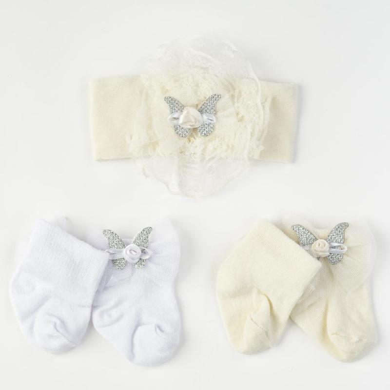Set 2 perechi de şosete bebe cu bentiţă pentru păr  Damrela Butterfly  Albe/albi