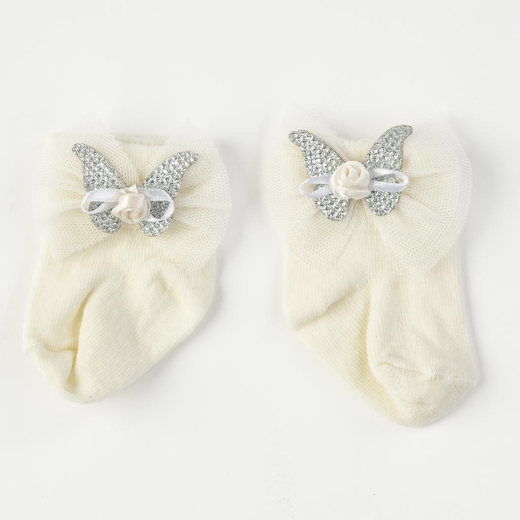 Комплект 2 чифта бебешки чорапки с лента за коса Damrela Butterfly Бели