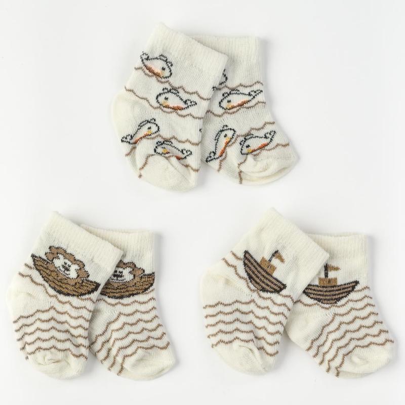 Set 3 pairs of baby socks For a boy  Findikbebe Sea adventure-   White