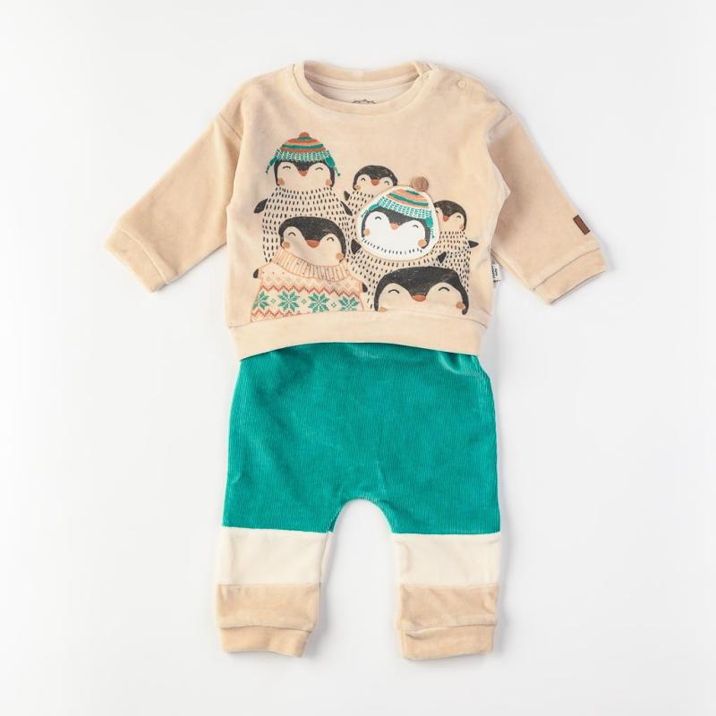 Детски комплект  момче блузка с панталон плюш Sweet penguins Бежов