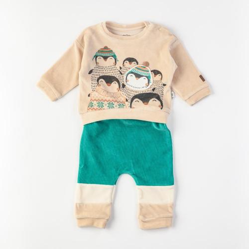 Детски комплект за момче блузка с панталон плюш Sweet penguins Бежов